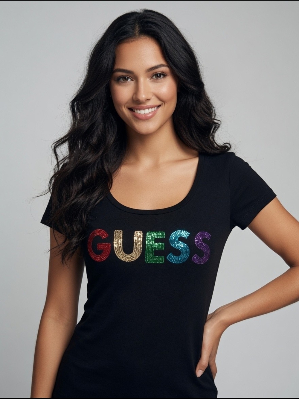 GUESS Black /Rainbow Sequin Logo Scoop Neck Tee. NWOT. Ladies M.